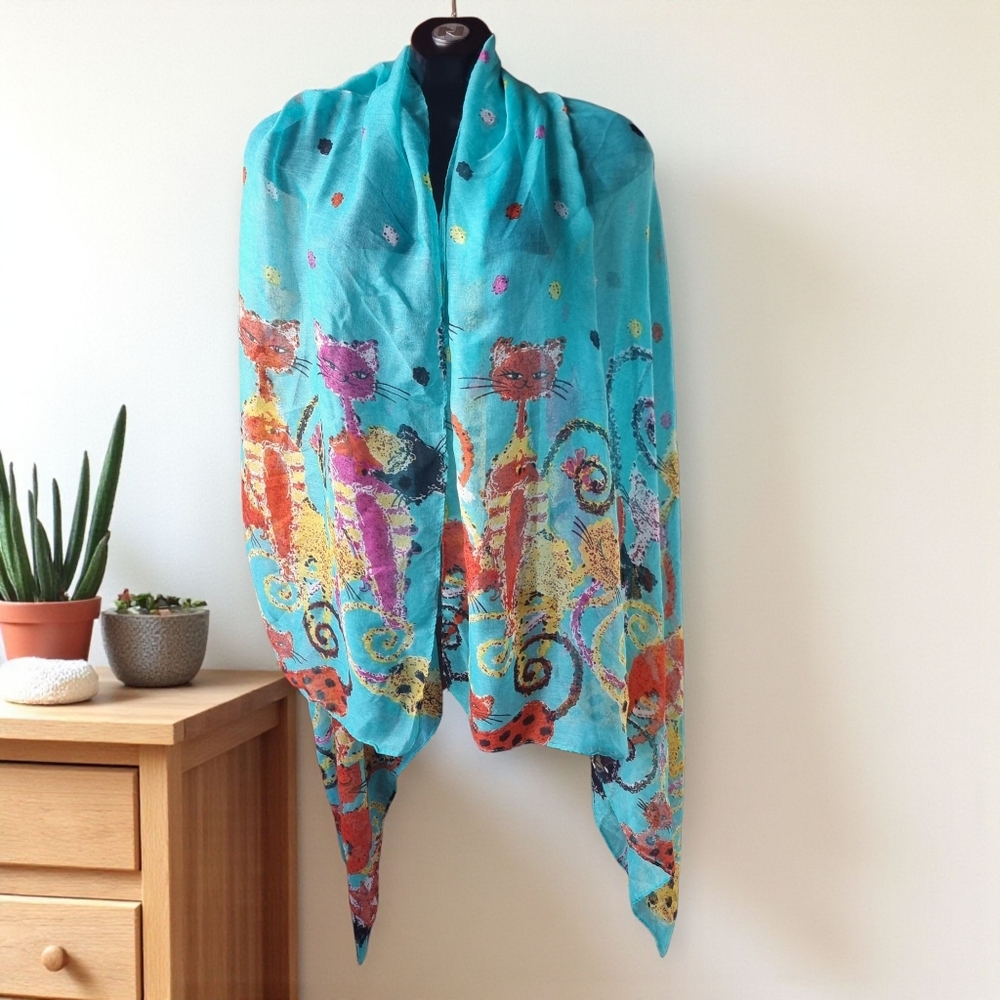 Colorful Cat Print Turquoise Scarf Shawl